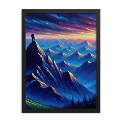Ölgemälde eines ruhigen Alpenabends mit Bergsteigersilhouette auf dem Gipfel - Premium Poster mit Rahmen wandern xxx yyy zzz 45.7 x 61 cm