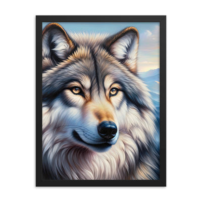 Ölgemäldeporträt eines majestätischen Wolfes mit intensiven Augen in der Berglandschaft (AN) - Premium Poster mit Rahmen xxx yyy zzz 45.7 x 61 cm