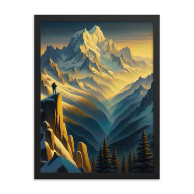 Ölgemälde eines Wanderers bei Morgendämmerung auf Alpengipfeln mit goldenem Sonnenlicht - Premium Poster mit Rahmen wandern xxx yyy zzz 45.7 x 61 cm