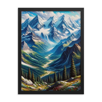Panorama-Ölgemälde der Alpen mit schneebedeckten Gipfeln und schlängelnden Flusstälern - Premium Poster mit Rahmen berge xxx yyy zzz 45.7 x 61 cm