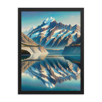Ölgemälde eines unberührten Sees, der die Bergkette spiegelt - Premium Poster mit Rahmen berge xxx yyy zzz 45.7 x 61 cm