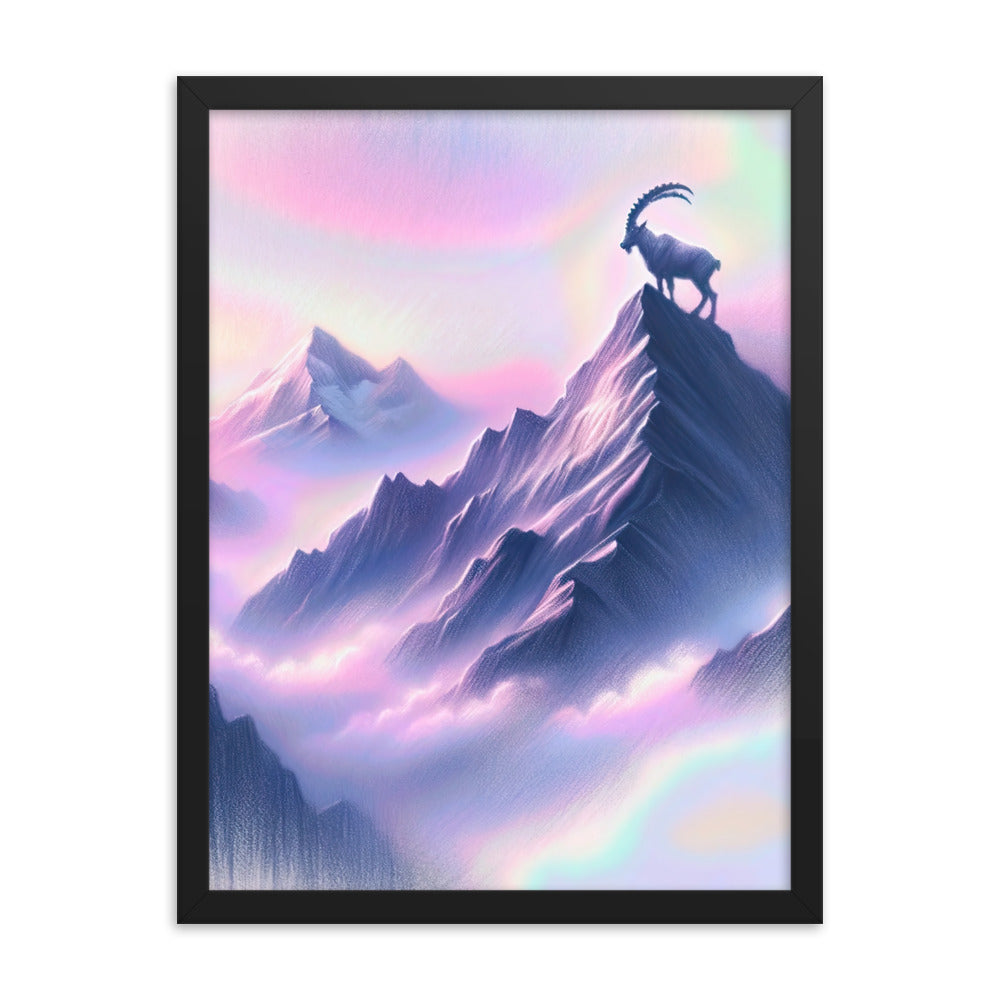 Pastellzeichnung der Alpen im Morgengrauen mit Steinbock in Rosa- und Lavendeltönen - Premium Poster mit Rahmen berge xxx yyy zzz 45.7 x 61 cm