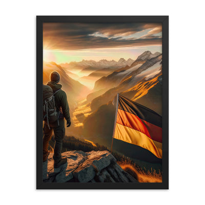 Foto der Alpen bei Sonnenuntergang mit deutscher Flagge und Wanderer, goldenes Licht auf Schneegipfeln - Enhanced Matte Paper Framed berge xxx yyy zzz 45.7 x 61 cm