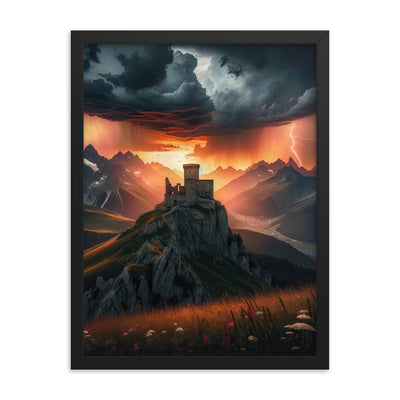 Foto einer Alpenburg bei stürmischem Sonnenuntergang, dramatische Wolken und Sonnenstrahlen - Premium Poster mit Rahmen berge xxx yyy zzz 45.7 x 61 cm