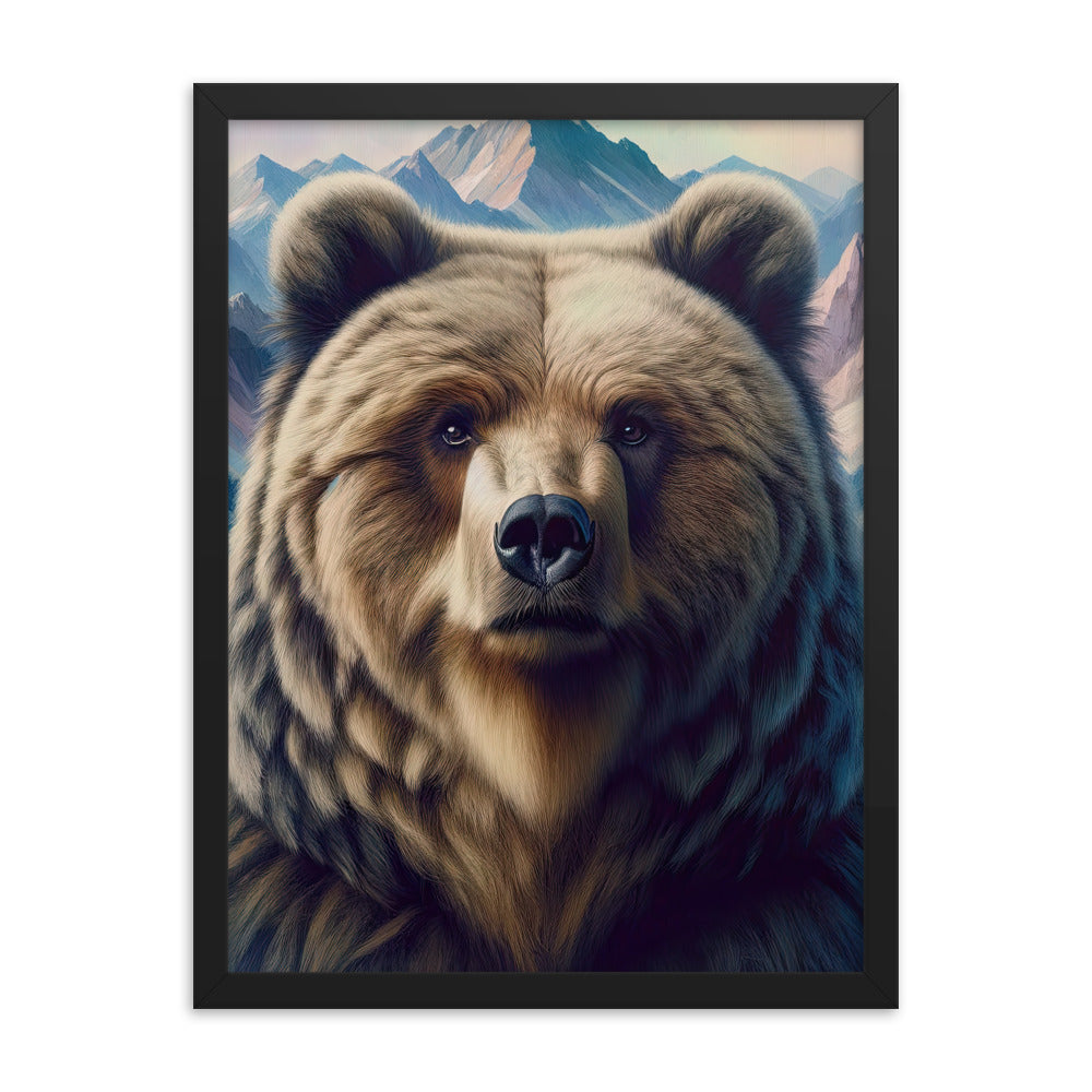 Foto eines Bären vor abstrakt gemalten Alpenbergen, Oberkörper im Fokus - Premium Poster mit Rahmen camping xxx yyy zzz 45.7 x 61 cm