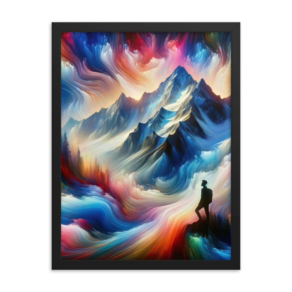 Foto eines abstrakt-expressionistischen Alpengemäldes mit Wanderersilhouette - Premium Poster mit Rahmen wandern xxx yyy zzz 45.7 x 61 cm