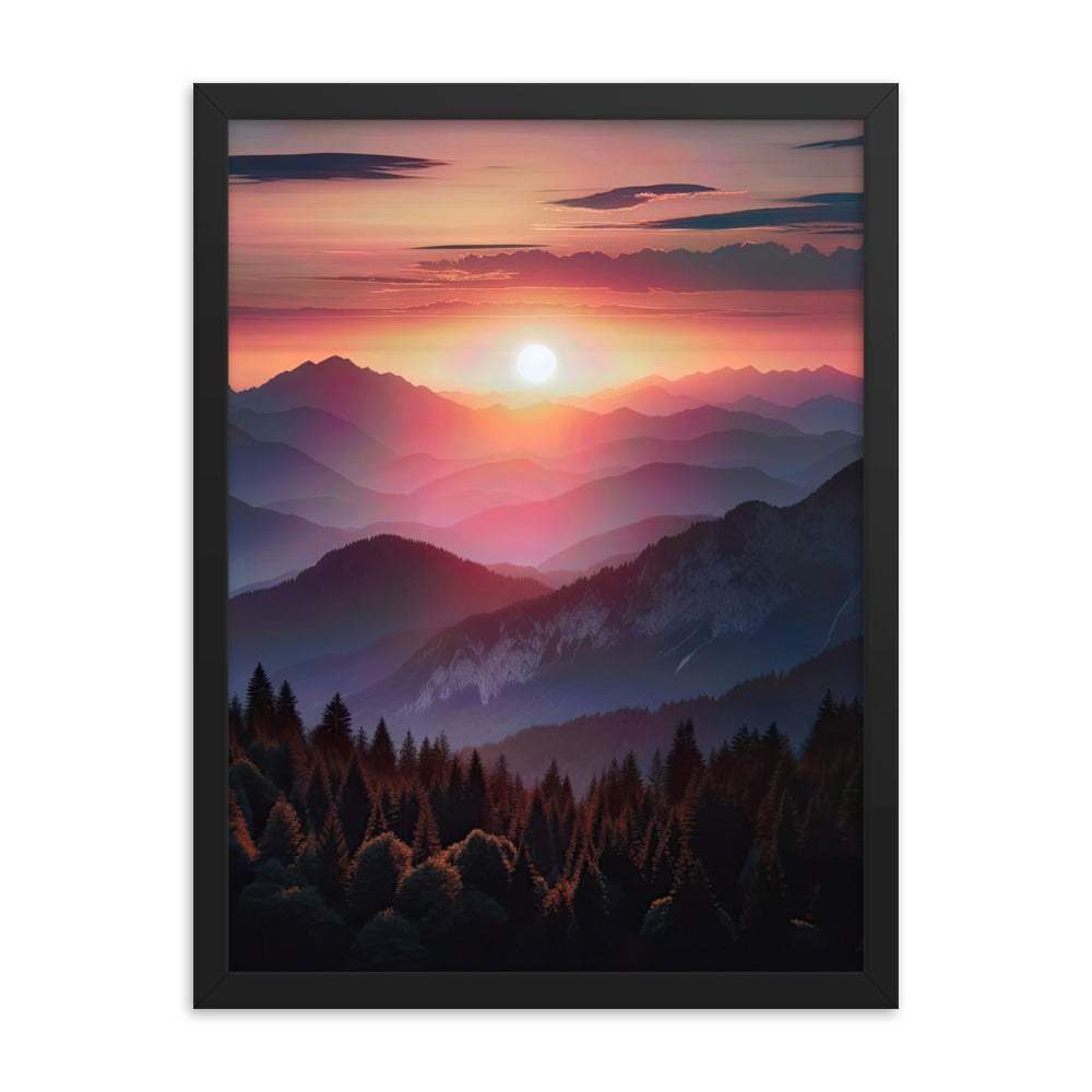 Foto der Alpenwildnis beim Sonnenuntergang, Himmel in warmen Orange-Tönen - Premium Poster mit Rahmen berge xxx yyy zzz 45.7 x 61 cm