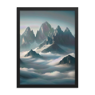 Foto eines nebligen Alpenmorgens, scharfe Gipfel ragen aus dem Nebel - Premium Poster mit Rahmen berge xxx yyy zzz 45.7 x 61 cm