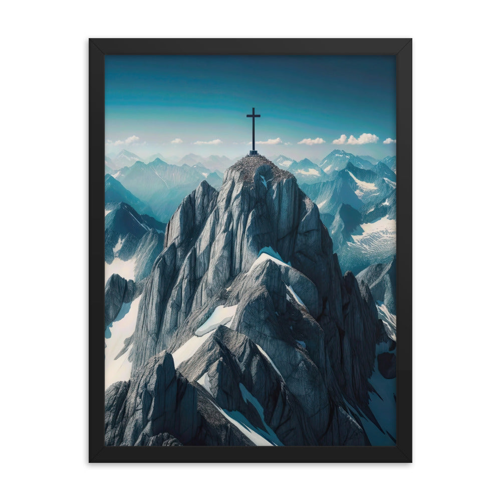 Foto der Alpen mit Gipfelkreuz an einem klaren Tag, schneebedeckte Spitzen vor blauem Himmel - Premium Poster mit Rahmen berge xxx yyy zzz 45.7 x 61 cm