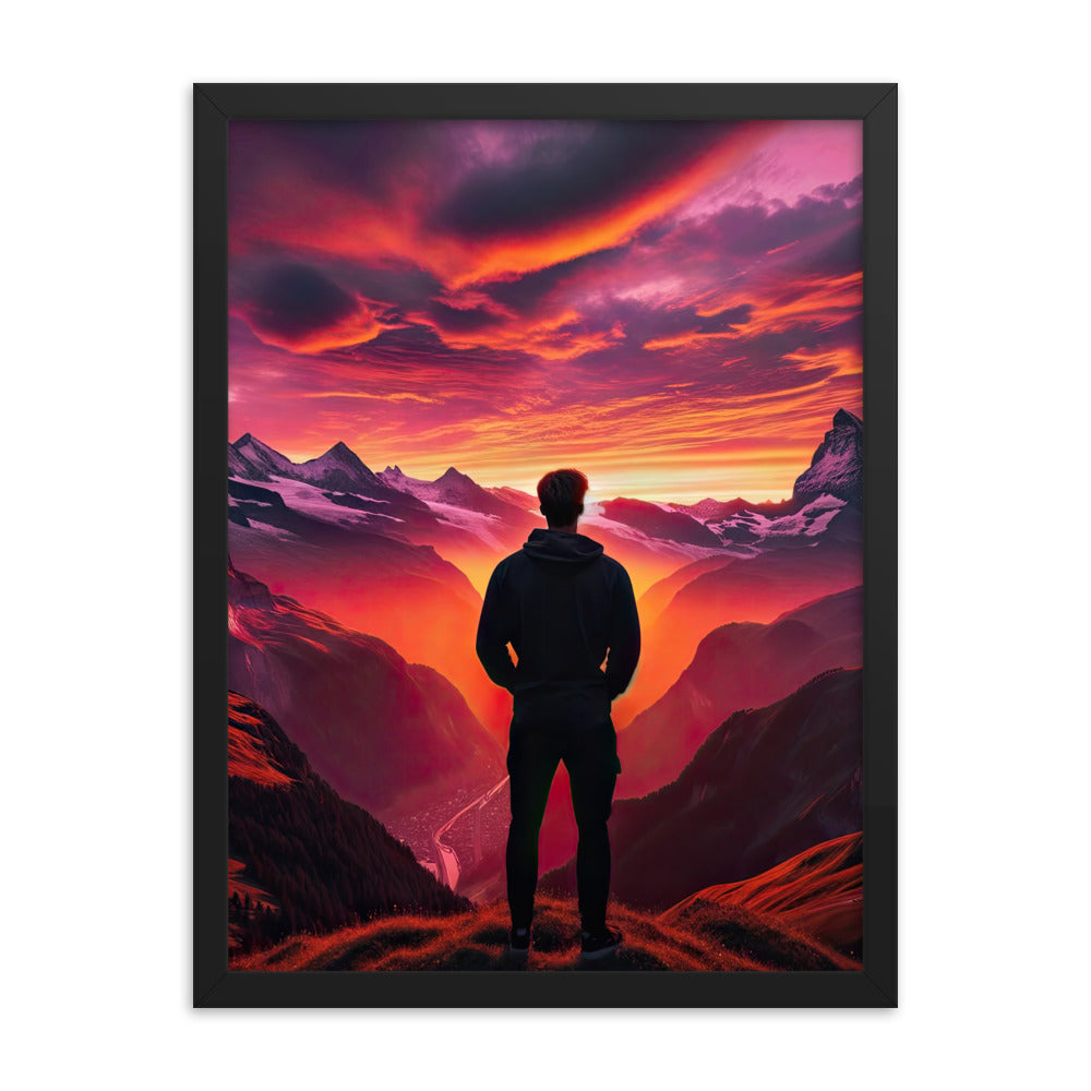 Foto der Schweizer Alpen im Sonnenuntergang, Himmel in surreal glänzenden Farbtönen - Premium Poster mit Rahmen wandern xxx yyy zzz 45.7 x 61 cm