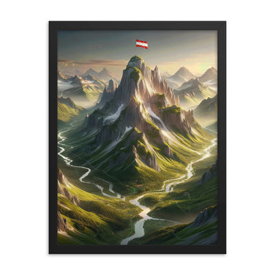 Fotorealistisches Bild der Alpen mit österreichischer Flagge, scharfen Gipfeln und grünen Tälern - Enhanced Matte Paper Framed Poster berge xxx yyy zzz 45.7 x 61 cm