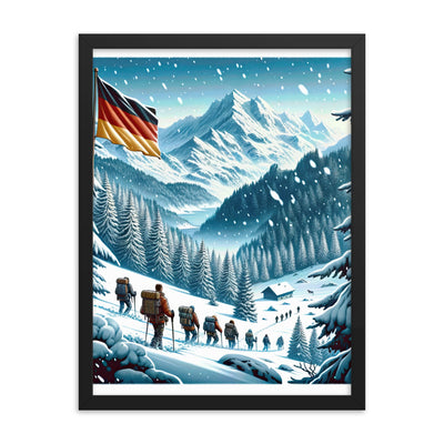 Quadratische Winterillustration der Alpen mit deutscher Flagge und Wanderteam - Premium Poster mit Rahmen wandern xxx yyy zzz 45.7 x 61 cm