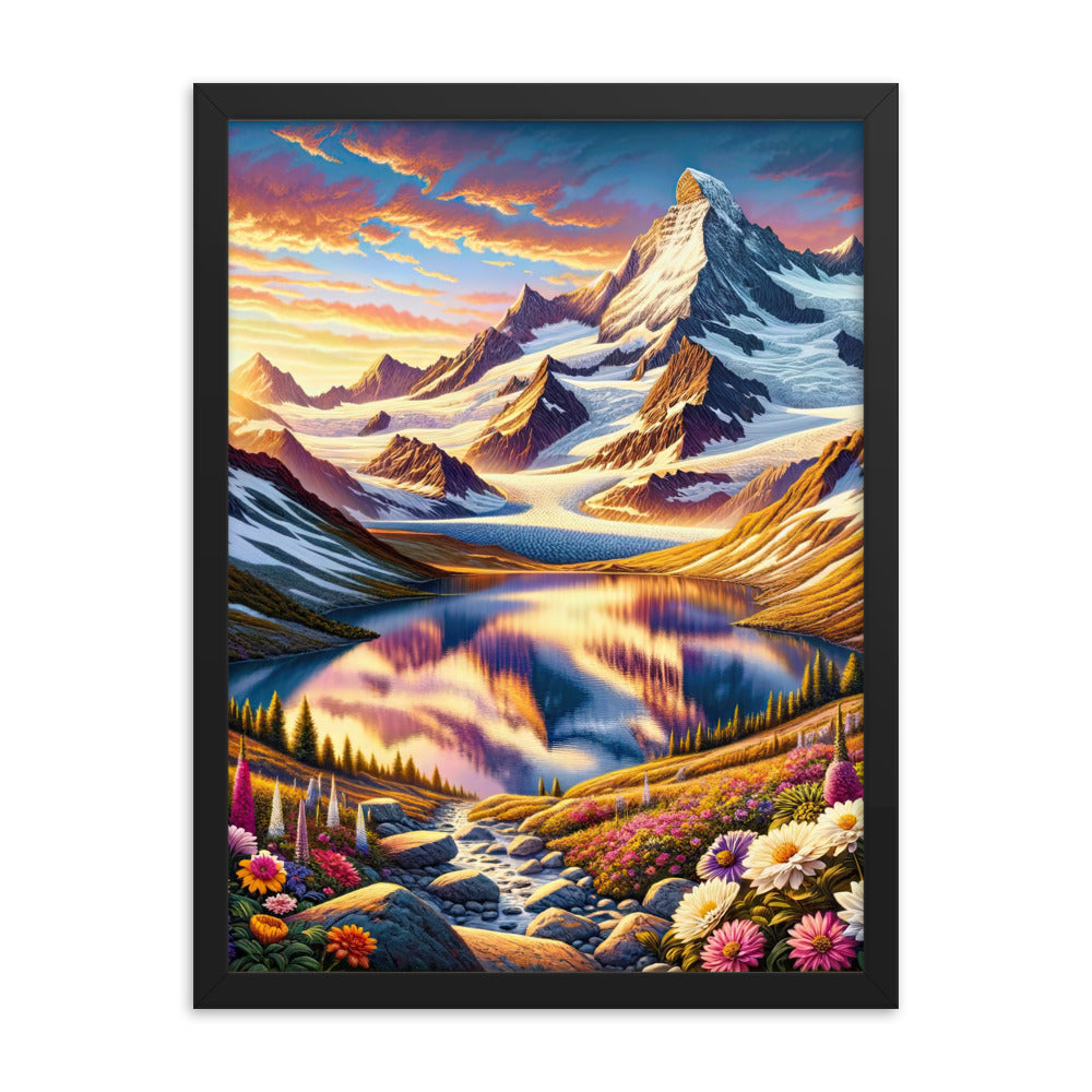 Quadratische Illustration der Alpen mit schneebedeckten Gipfeln und Wildblumen - Premium Poster mit Rahmen berge xxx yyy zzz 45.7 x 61 cm