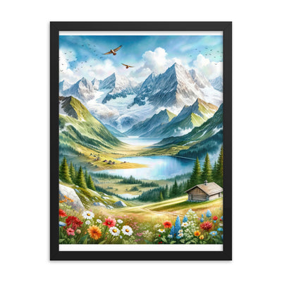 Quadratisches Aquarell der Alpen, Berge mit schneebedeckten Spitzen - Premium Poster mit Rahmen berge xxx yyy zzz 45.7 x 61 cm