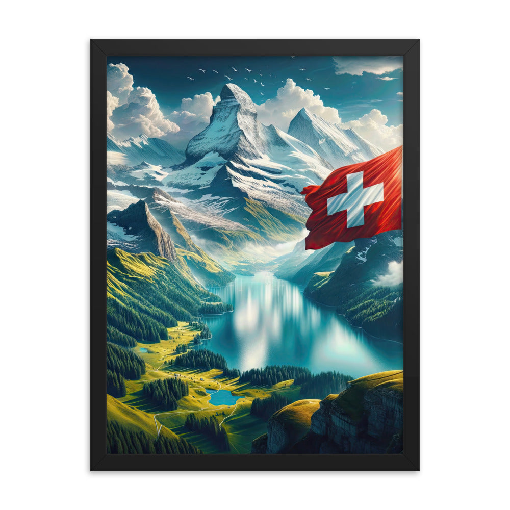 Ultraepische, fotorealistische Darstellung der Schweizer Alpenlandschaft mit Schweizer Flagge - Premium Poster mit Rahmen berge xxx yyy zzz 45.7 x 61 cm