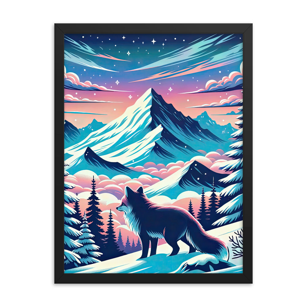 Vektorgrafik eines alpinen Winterwunderlandes mit schneebedeckten Kiefern und einem Fuchs - Premium Poster mit Rahmen camping xxx yyy zzz 45.7 x 61 cm