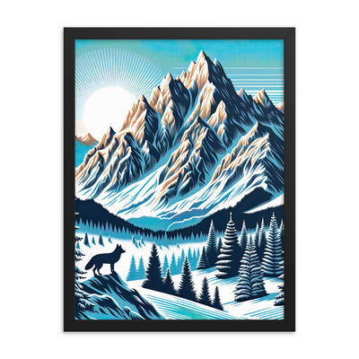 Vektorgrafik eines Wolfes im winterlichen Alpenmorgen, Berge mit Schnee- und Felsmustern - Premium Poster mit Rahmen berge xxx yyy zzz 45.7 x 61 cm