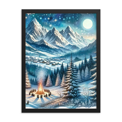 Aquarell eines Winterabends in den Alpen mit Lagerfeuer und Wanderern, glitzernder Neuschnee - Premium Poster mit Rahmen camping xxx yyy zzz 45.7 x 61 cm