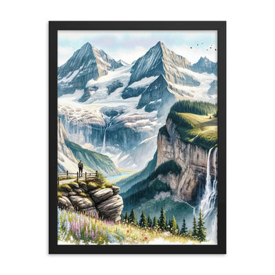 Aquarell-Panoramablick der Alpen mit schneebedeckten Gipfeln, Wasserfällen und Wanderern - Premium Poster mit Rahmen wandern xxx yyy zzz 45.7 x 61 cm