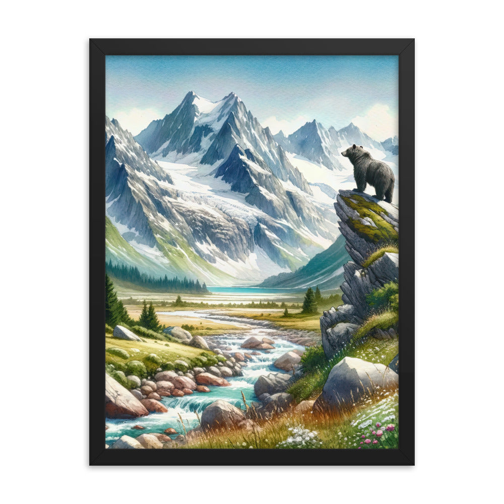 Aquarellmalerei eines Bären und der sommerlichen Alpenschönheit mit schneebedeckten Ketten - Premium Poster mit Rahmen camping xxx yyy zzz 45.7 x 61 cm