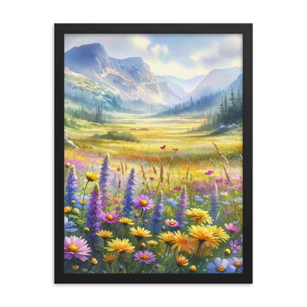 Aquarell einer Almwiese in Ruhe, Wildblumenteppich in Gelb, Lila, Rosa - Premium Poster mit Rahmen berge xxx yyy zzz 45.7 x 61 cm