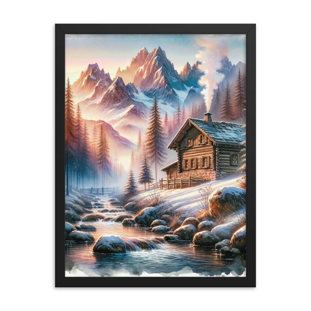 Aquarell einer Alpenszene im Morgengrauen, Haus in den Bergen - Premium Poster mit Rahmen berge xxx yyy zzz 45.7 x 61 cm
