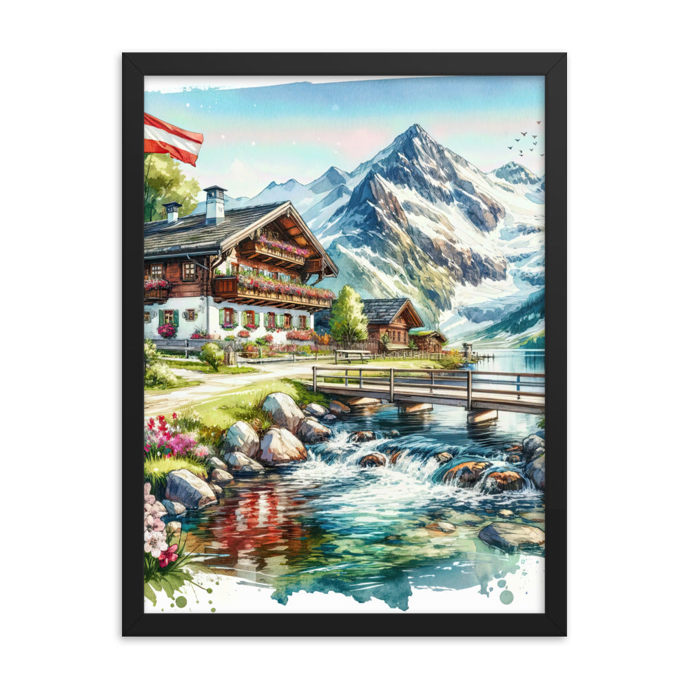 Aquarell der frühlingshaften Alpenkette mit österreichischer Flagge und schmelzendem Schnee - Premium Poster mit Rahmen berge xxx yyy zzz 45.7 x 61 cm