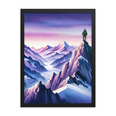 Aquarell eines Bergsteigers auf einem Alpengipfel in der Abenddämmerung - Premium Poster mit Rahmen wandern xxx yyy zzz 45.7 x 61 cm