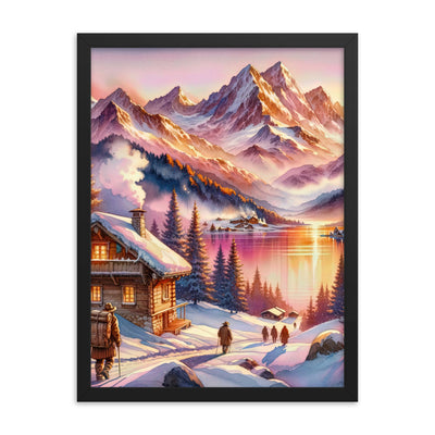 Aquarell eines Alpenpanoramas mit Wanderern bei Sonnenuntergang in Rosa und Gold - Premium Poster mit Rahmen wandern xxx yyy zzz 45.7 x 61 cm