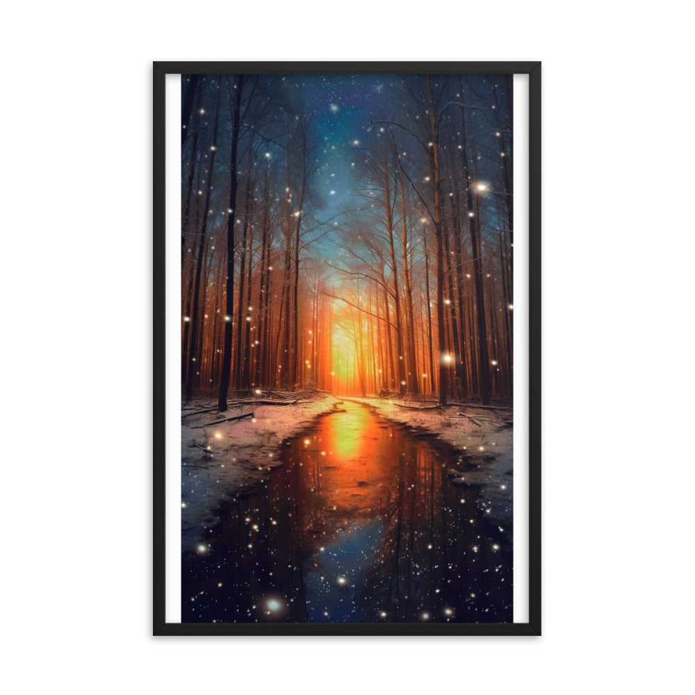 Bäume im Winter, Schnee, Sonnenaufgang und Fluss - Premium Poster mit Rahmen camping xxx Black 61 x 91.4 cm