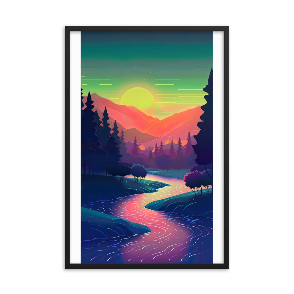 Berge, Fluss, Sonnenuntergang - Malerei - Premium Poster mit Rahmen berge xxx 61 x 91.4 cm