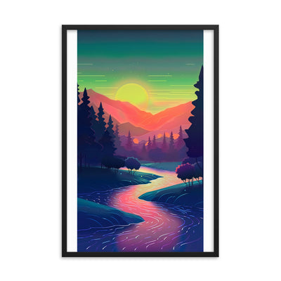 Berge, Fluss, Sonnenuntergang - Malerei - Premium Poster mit Rahmen berge xxx 61 x 91.4 cm