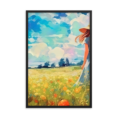 Dame mit Hut im Feld mit Blumen - Landschaftsmalerei - Premium Poster mit Rahmen camping xxx Black 61 x 91.4 cm