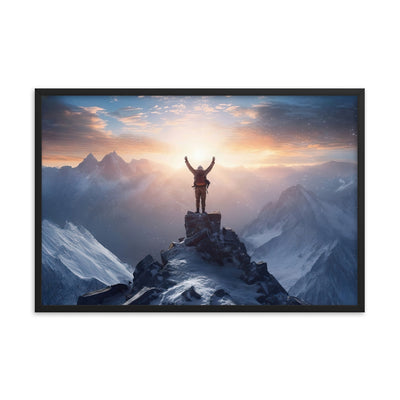 Mann auf der Spitze eines Berges - Landschaftsmalerei - Premium Poster mit Rahmen berge xxx Black 61 x 91.4 cm