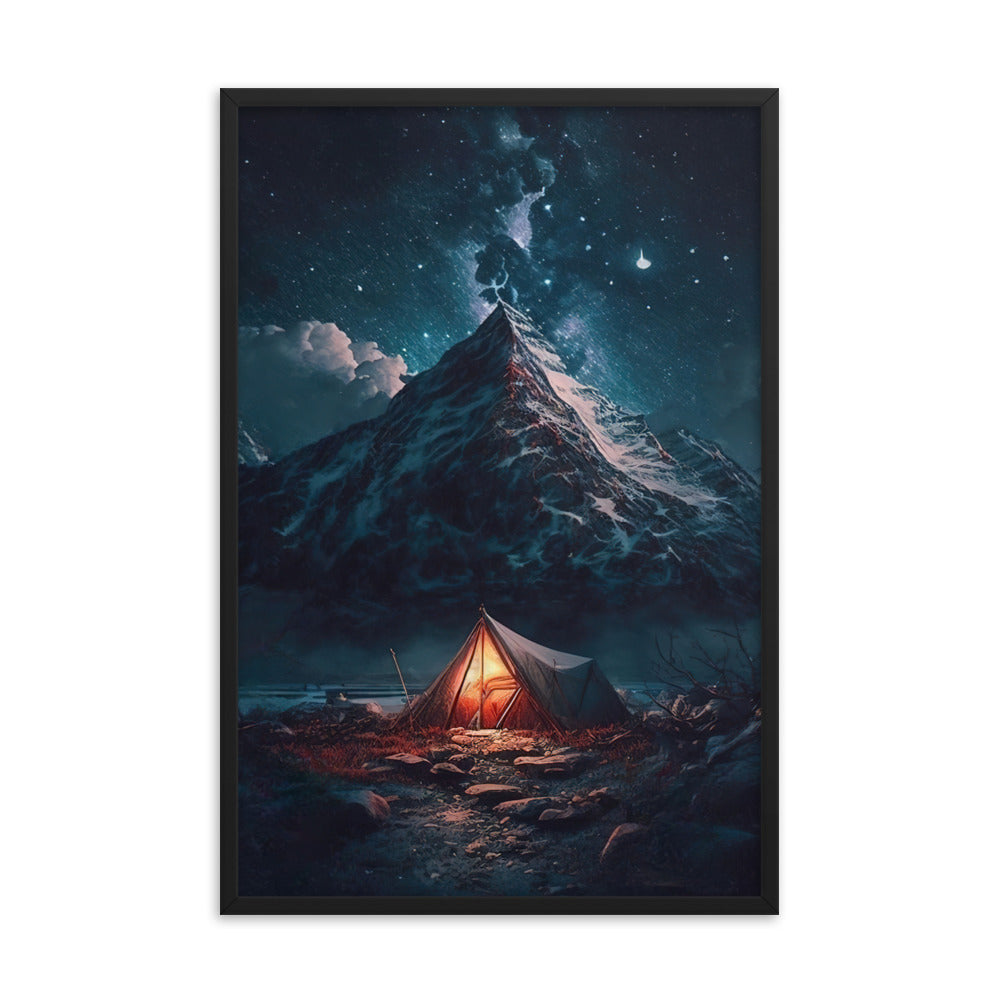 Zelt und Berg in der Nacht - Sterne am Himmel - Landschaftsmalerei - Premium Poster mit Rahmen camping xxx 61 x 91.4 cm