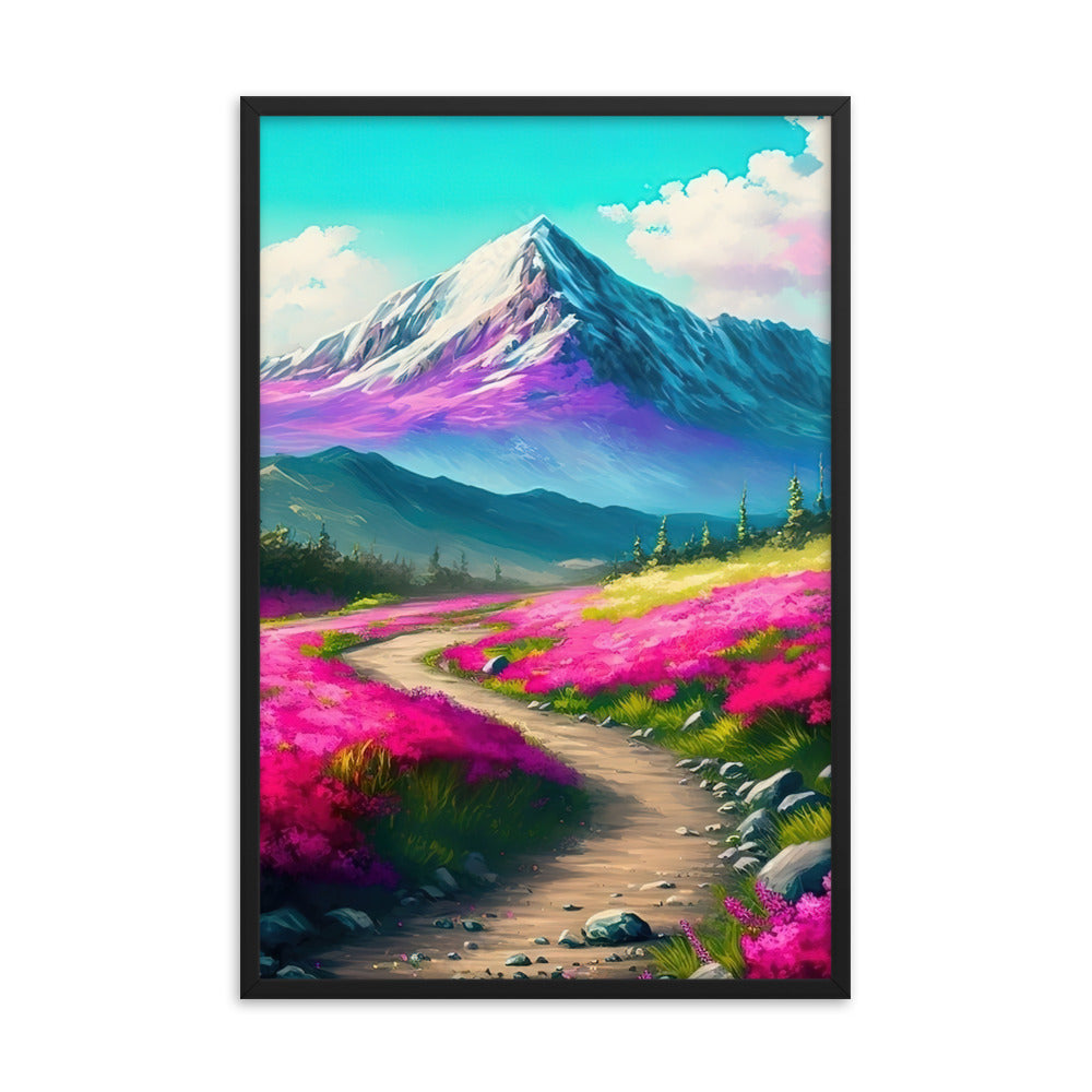 Berg, pinke Blumen und Wanderweg - Landschaftsmalerei - Premium Poster mit Rahmen berge xxx Black 61 x 91.4 cm