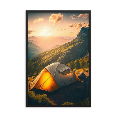 Zelt auf Berg im Sonnenaufgang - Landschafts - Premium Poster mit Rahmen camping xxx 61 x 91.4 cm