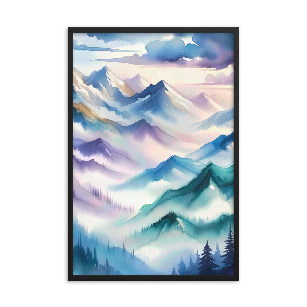 Ein Aquarellgemälde der Alpen in einem sanften, traumhaften Stil. Die Berge werden in Strichen mit Gold wiedergegeben - Enhanced Matte berge xxx yyy zzz 61 x 91.4 cm