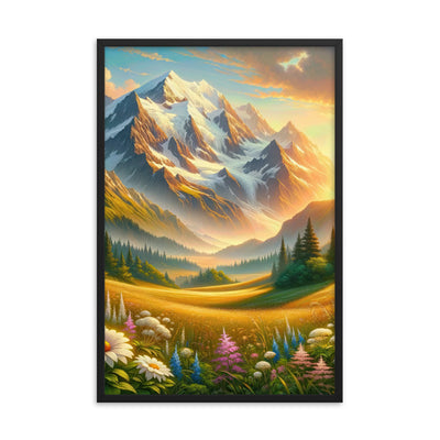 Heitere Alpenschönheit: Schneeberge und Wildblumenwiesen - Premium Poster mit Rahmen berge xxx yyy zzz 61 x 91.4 cm