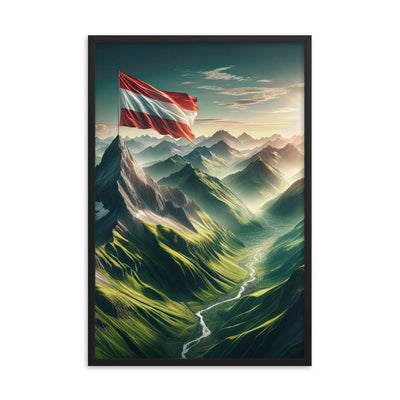 Alpen Gebirge: Fotorealistische Bergfläche mit Österreichischer Flagge - Premium Poster mit Rahmen berge xxx yyy zzz 61 x 91.4 cm
