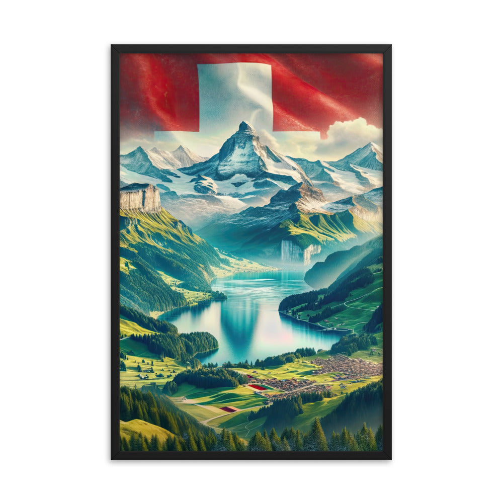 Berg Panorama: Schneeberge und Täler mit Schweizer Flagge - Premium Poster mit Rahmen berge xxx yyy zzz 61 x 91.4 cm