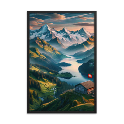 Schweizer Flagge, Alpenidylle: Dämmerlicht, epische Berge und stille Gewässer - Premium Poster mit Rahmen berge xxx yyy zzz 61 x 91.4 cm