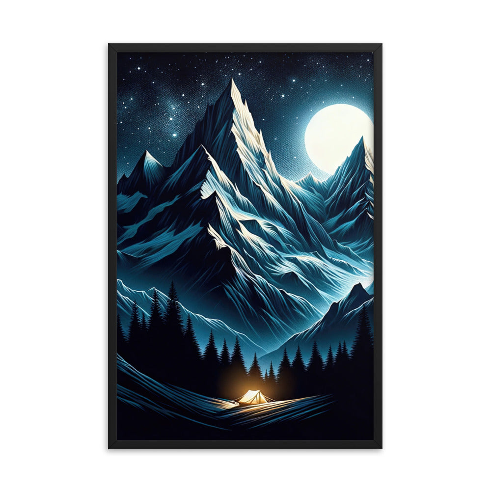 Alpennacht mit Zelt: Mondglanz auf Gipfeln und Tälern, sternenklarer Himmel - Premium Poster mit Rahmen berge xxx yyy zzz 61 x 91.4 cm