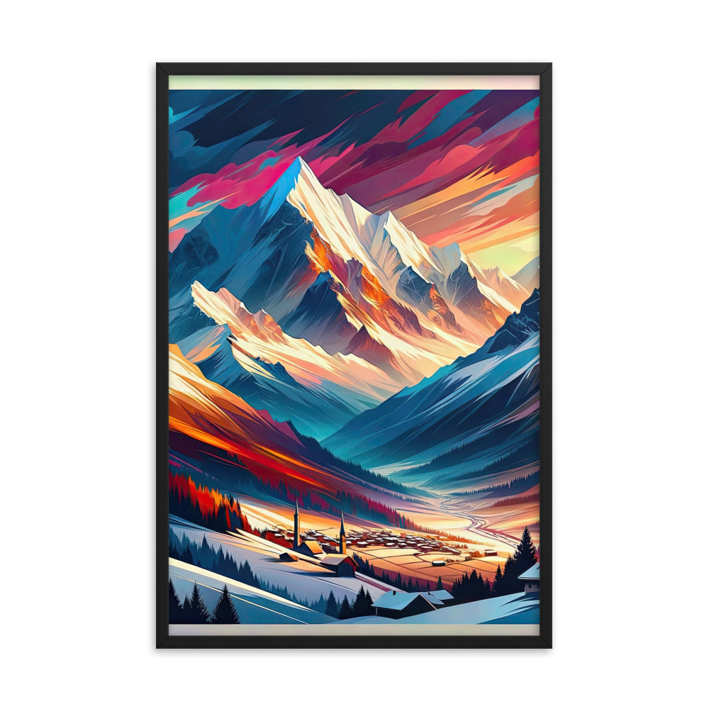 Moderne geometrische Alpen Kunst: Warmer Sonnenuntergangs Schein auf Schneegipfeln - Premium Poster mit Rahmen berge xxx yyy zzz 61 x 91.4 cm