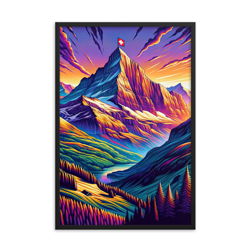 Bergpracht mit Schweizer Flagge: Farbenfrohe Illustration einer Berglandschaft - Premium Poster mit Rahmen berge xxx yyy zzz 61 x 91.4 cm