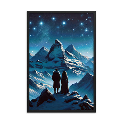 Alpenwinternacht: Digitale Kunst mit Wanderern in Bergen und Sternenhimmel - Premium Poster mit Rahmen wandern xxx yyy zzz 61 x 91.4 cm
