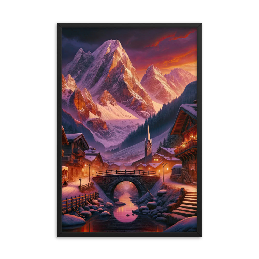 Magische Alpenstunde: Digitale Kunst mit warmem Himmelsschein über schneebedeckte Berge - Premium Poster mit Rahmen berge xxx yyy zzz 61 x 91.4 cm