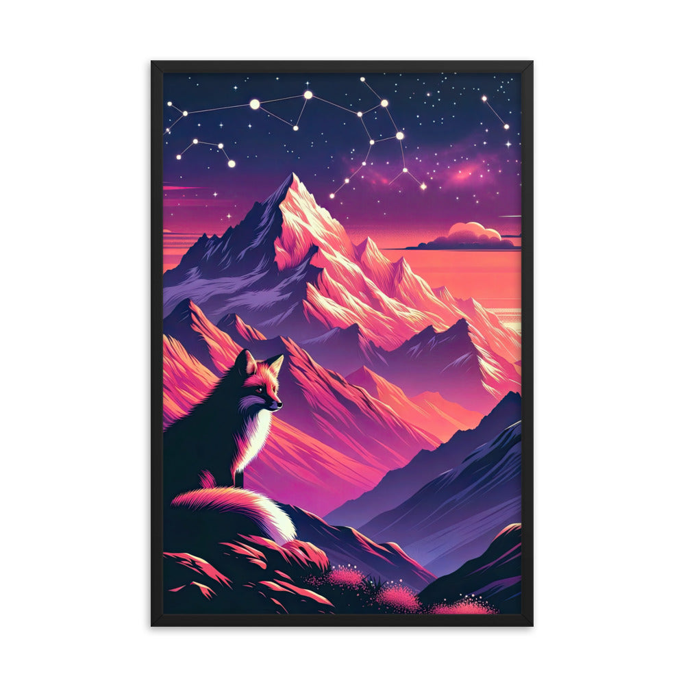Fuchs im dramatischen Sonnenuntergang: Digitale Bergillustration in Abendfarben - Premium Poster mit Rahmen camping xxx yyy zzz 61 x 91.4 cm