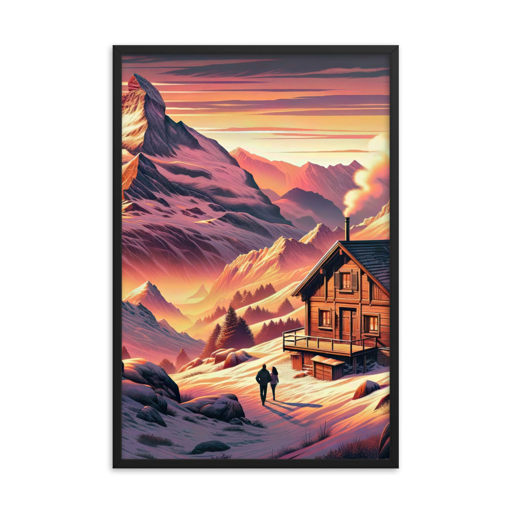 Berghütte im goldenen Sonnenuntergang: Digitale Alpenillustration - Premium Poster mit Rahmen berge xxx yyy zzz 61 x 91.4 cm