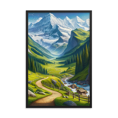 Wanderer in den Bergen und Wald: Digitale Malerei mit grünen kurvenreichen Pfaden - Premium Poster mit Rahmen wandern xxx yyy zzz 61 x 91.4 cm